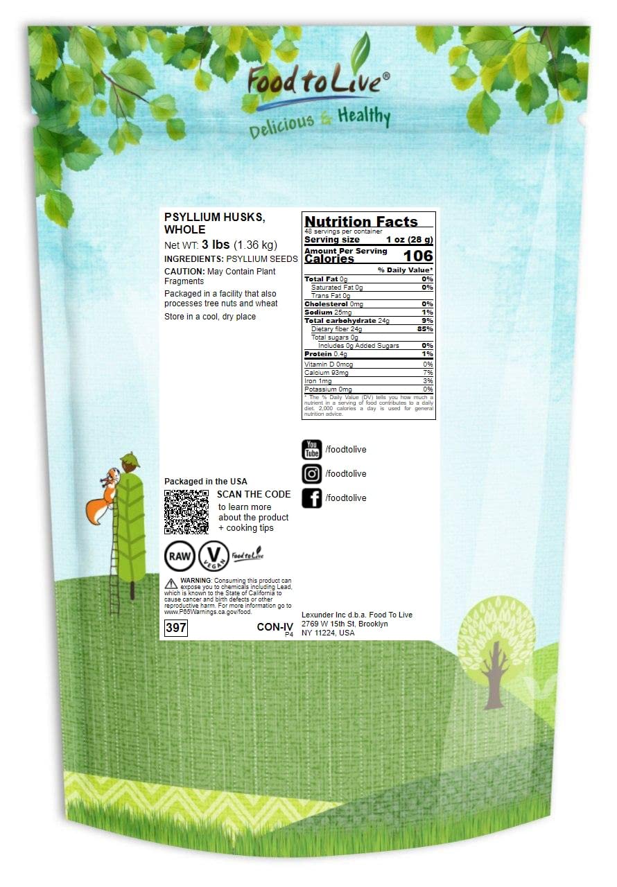 Food to Live Whole Psyllium Husks – 3 lb, Pure Psyllium Husk Flakes, Unflavored, Keto & Vegan