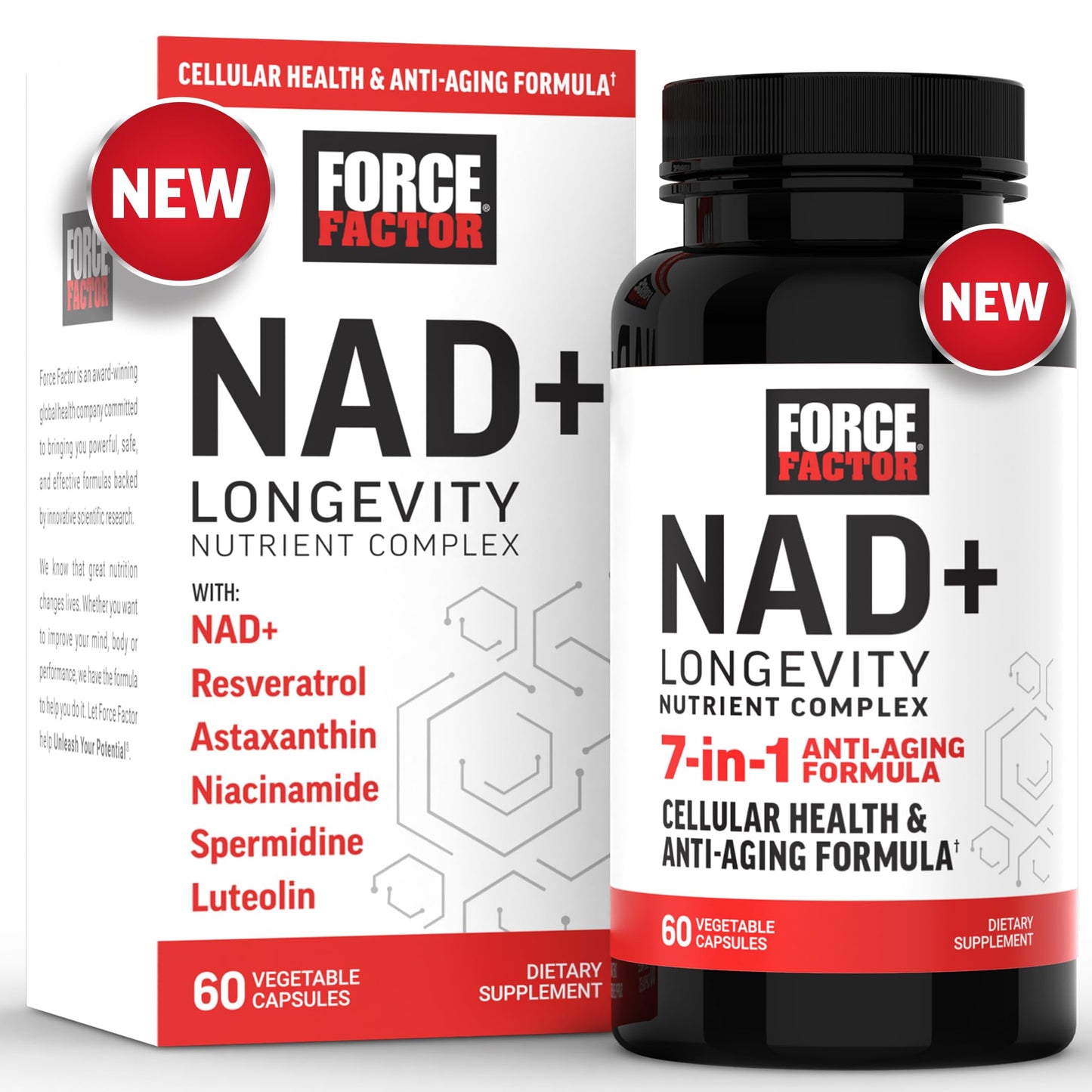 Force Factor NAD+ Longevity Nutrient Complex with Resveratrol, Astaxanthin & Spermidine – 60 Capsules