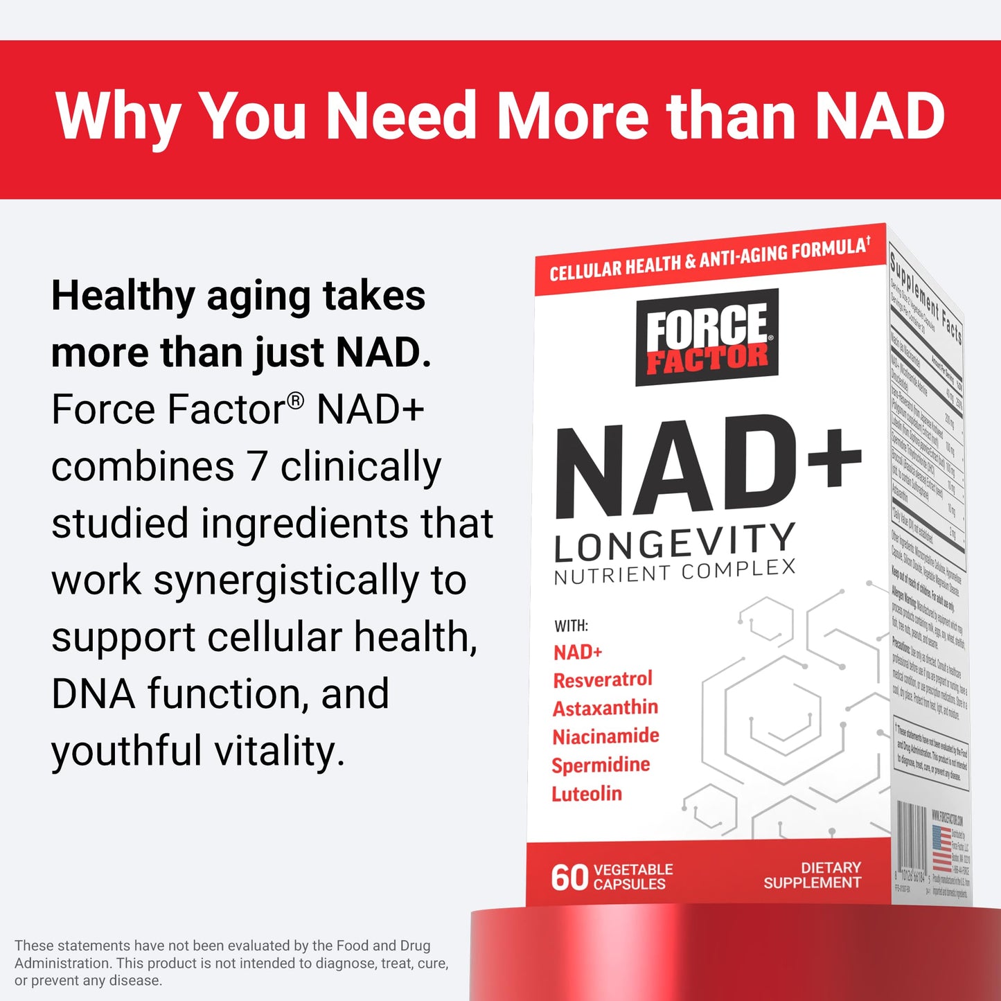 Force Factor NAD+ Longevity Nutrient Complex with Resveratrol, Astaxanthin & Spermidine – 60 Capsules