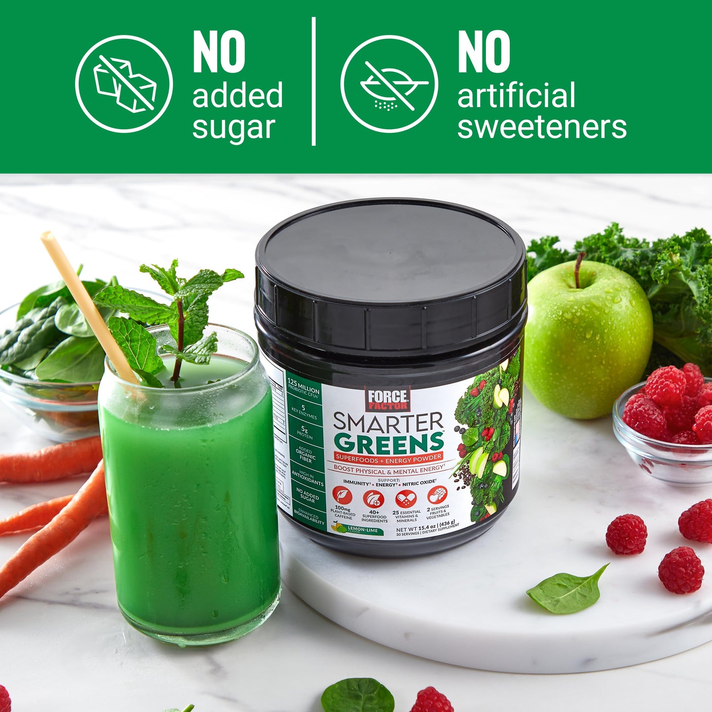 FORCE FACTOR Smarter Greens + Energy Powder – Lemon Lime, 90 Servings