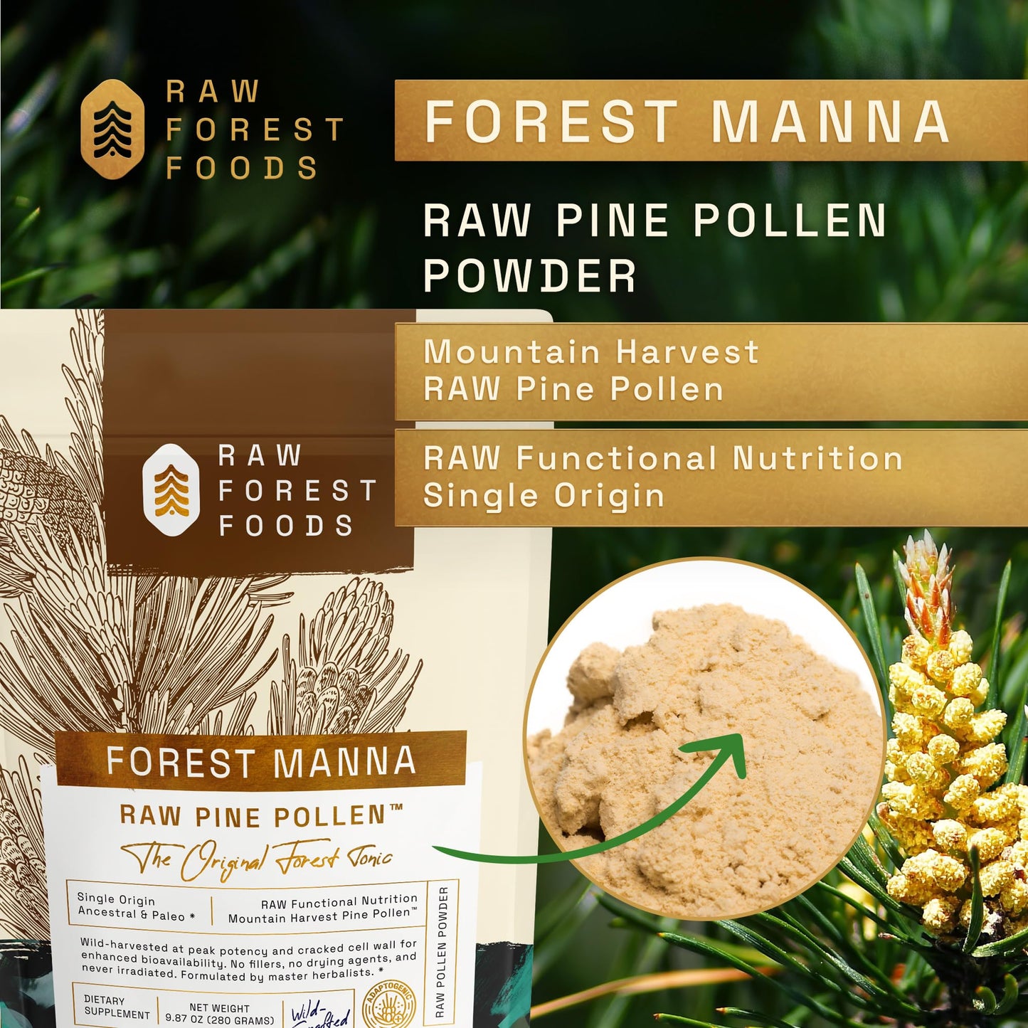 Forest Manna RAW Pine Pollen Powder – Adaptogenic Nutrition | Single Origin, 280g Pouch