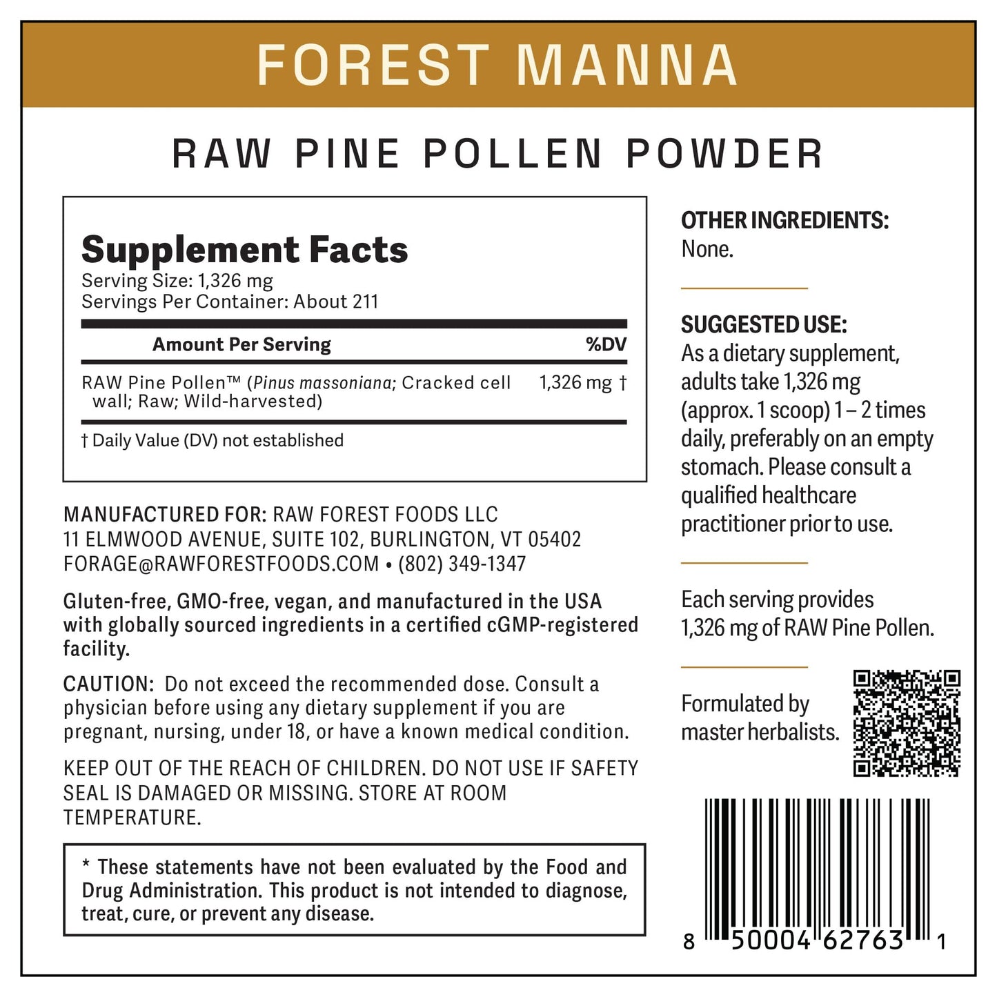 Forest Manna RAW Pine Pollen Powder – Adaptogenic Nutrition | Single Origin, 280g Pouch