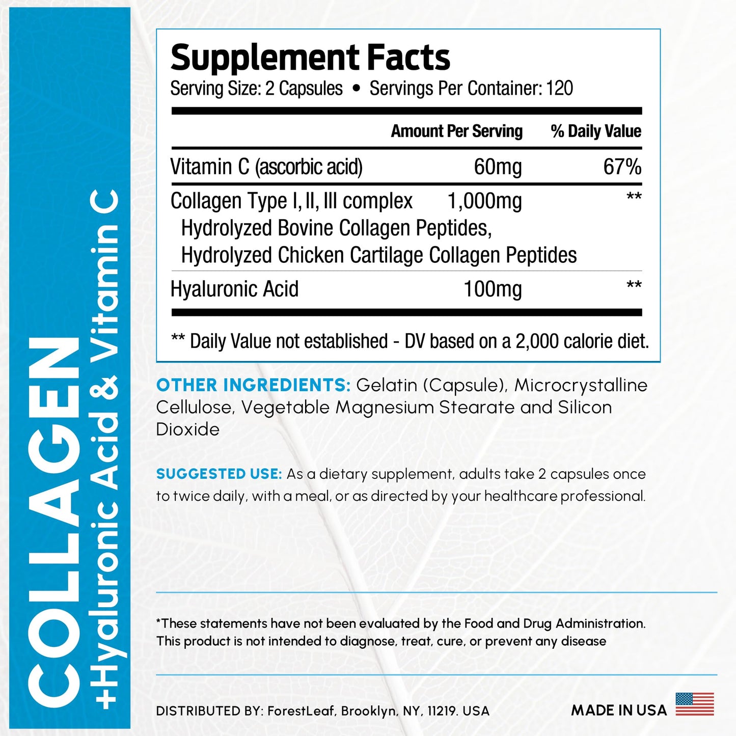 ForestLeaf Multi Collagen Pills — Hydrolyzed Collagen with Vitamin C & Hyaluronic Acid (240 Capsules)