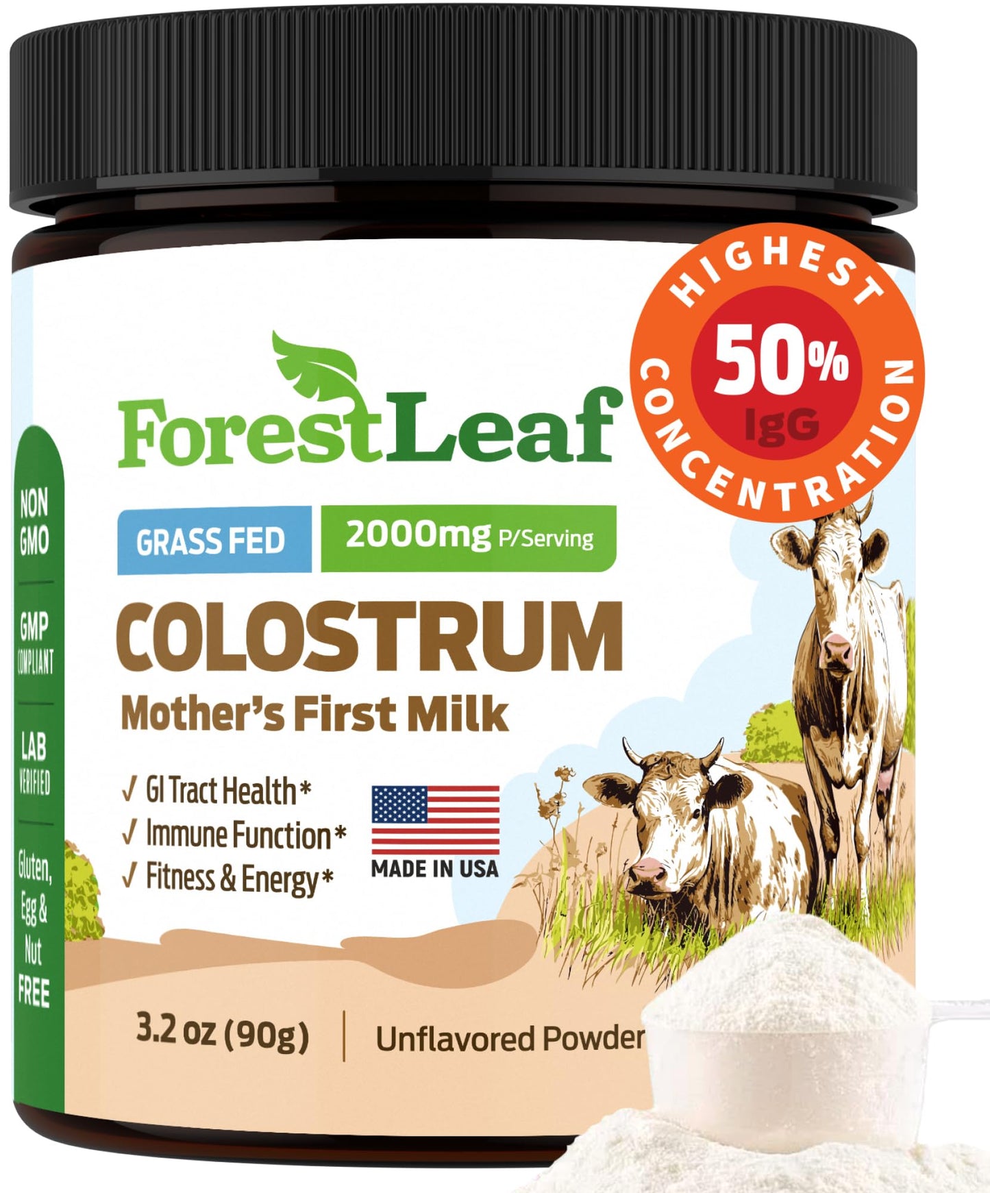 ForestLeaf Colostrum Powder 50% IgG – Grass-Fed, Unflavored, 45 Servings