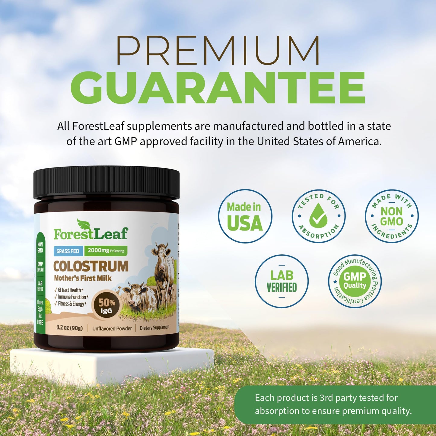 ForestLeaf Colostrum Powder 50% IgG – Grass-Fed, Unflavored, 45 Servings