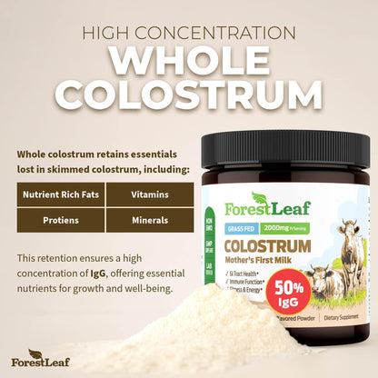 ForestLeaf Colostrum Powder 50% IgG – Grass-Fed, Unflavored, 45 Servings