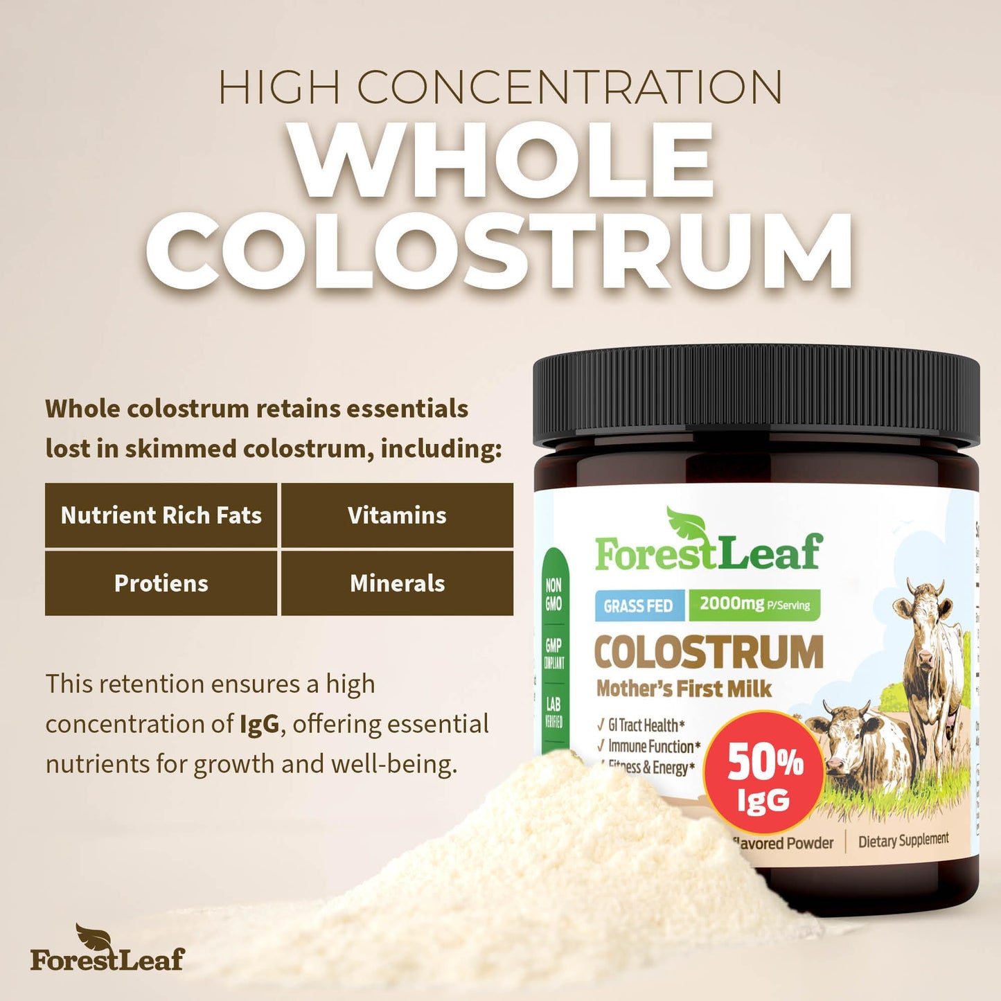 ForestLeaf Colostrum Powder 50% IgG – Grass-Fed, Unflavored, 45 Servings