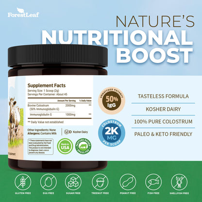 ForestLeaf Colostrum Powder 50% IgG – Grass-Fed, Unflavored, 45 Servings