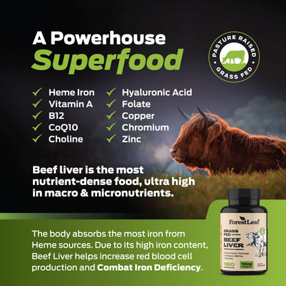 ForestLeaf Grass Fed Beef Liver Capsules - 3000mg per Serving, 180 Caps