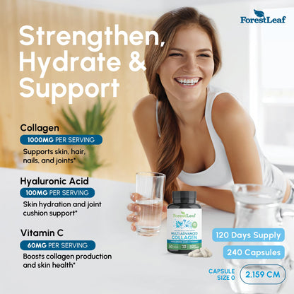 ForestLeaf Multi Collagen Pills — Hydrolyzed Collagen with Vitamin C & Hyaluronic Acid (240 Capsules)