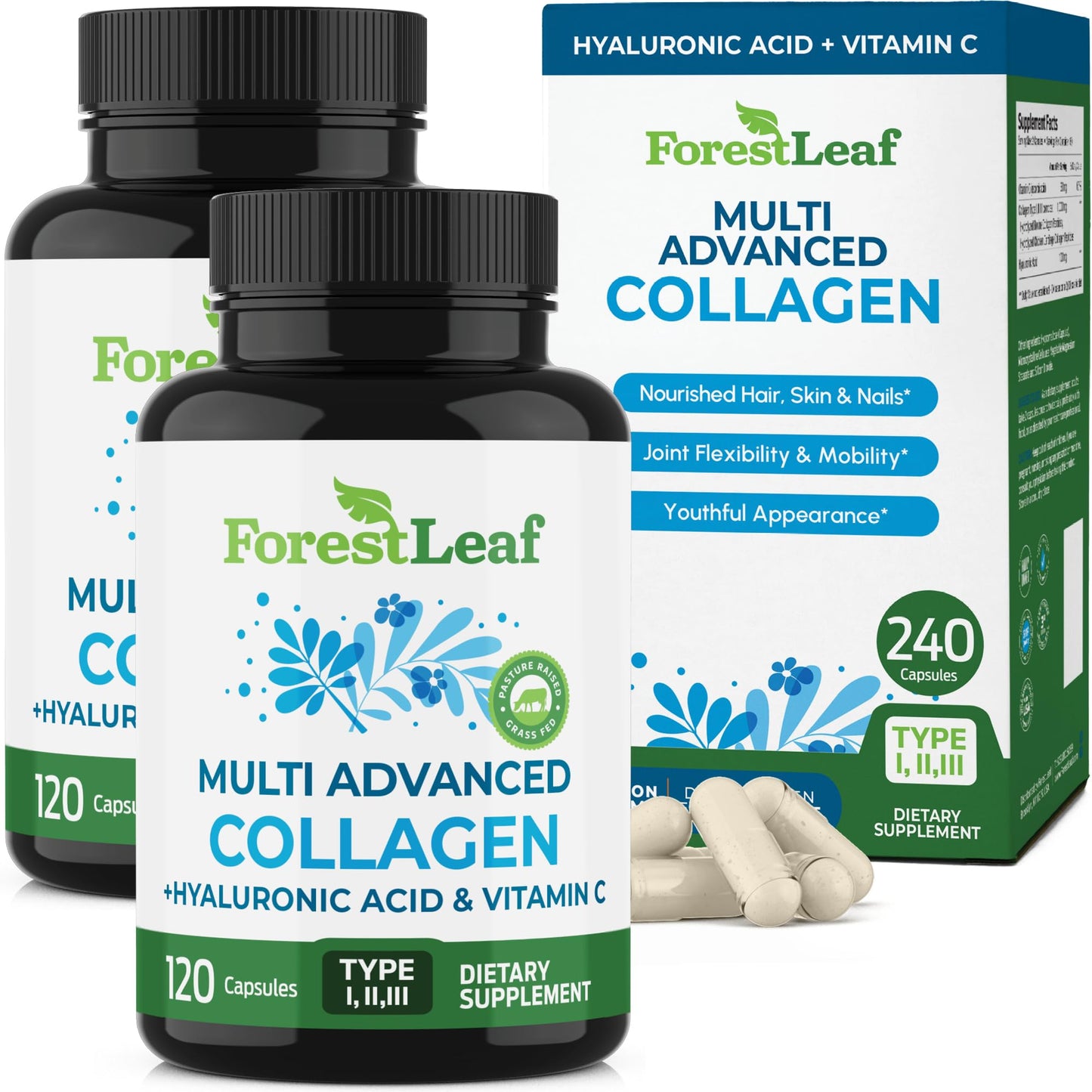 ForestLeaf Multi Collagen Pills with Hyaluronic Acid + Vitamin C | Hydrolyzed Collagen for Skin, Joints, and Hair | 240 Capsules