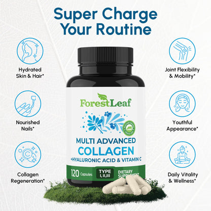 ForestLeaf Multi Collagen Pills with Hyaluronic Acid + Vitamin C | Hydrolyzed Collagen for Skin, Joints, and Hair | 240 Capsules