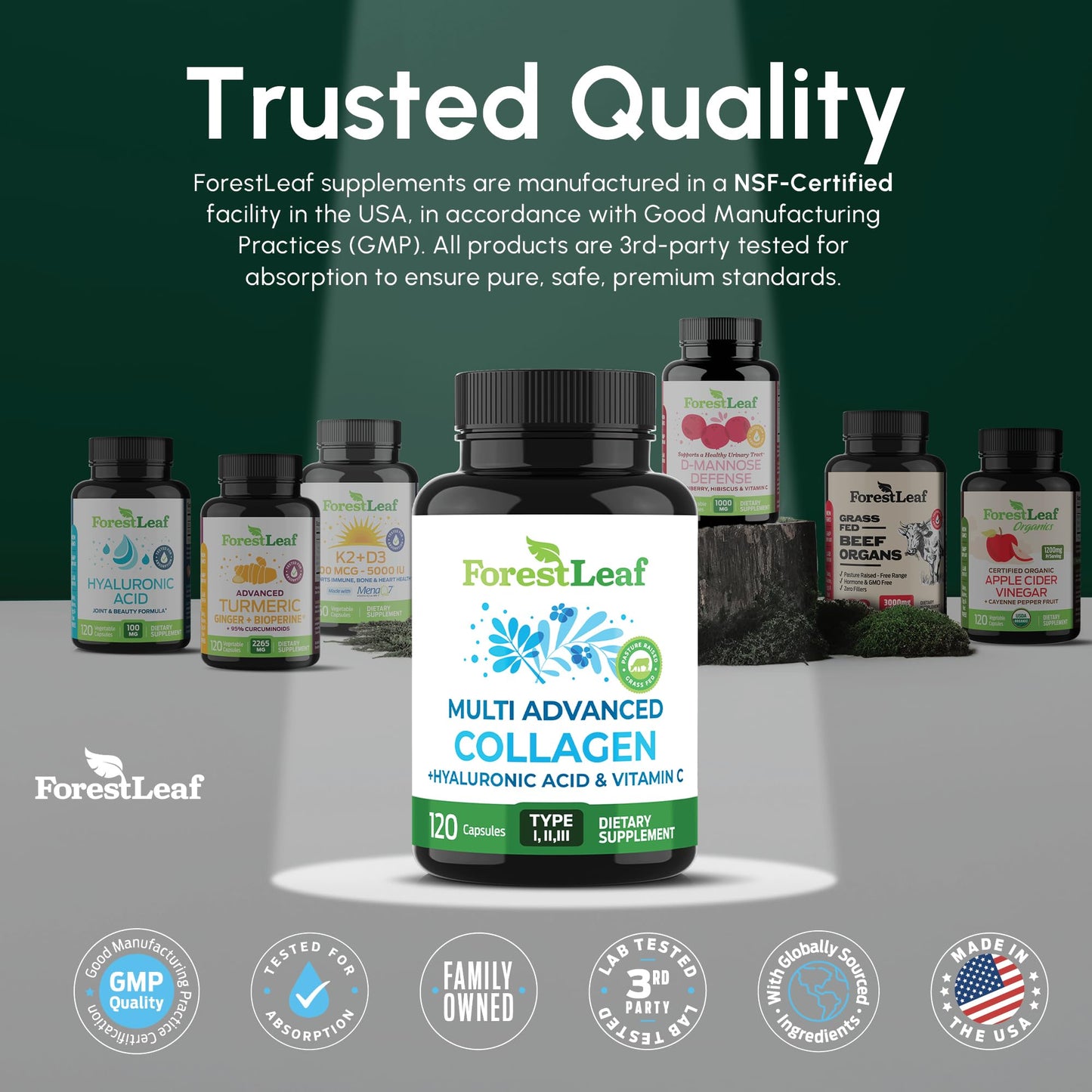 ForestLeaf Multi Collagen Pills with Hyaluronic Acid + Vitamin C | Hydrolyzed Collagen for Skin, Joints, and Hair | 240 Capsules