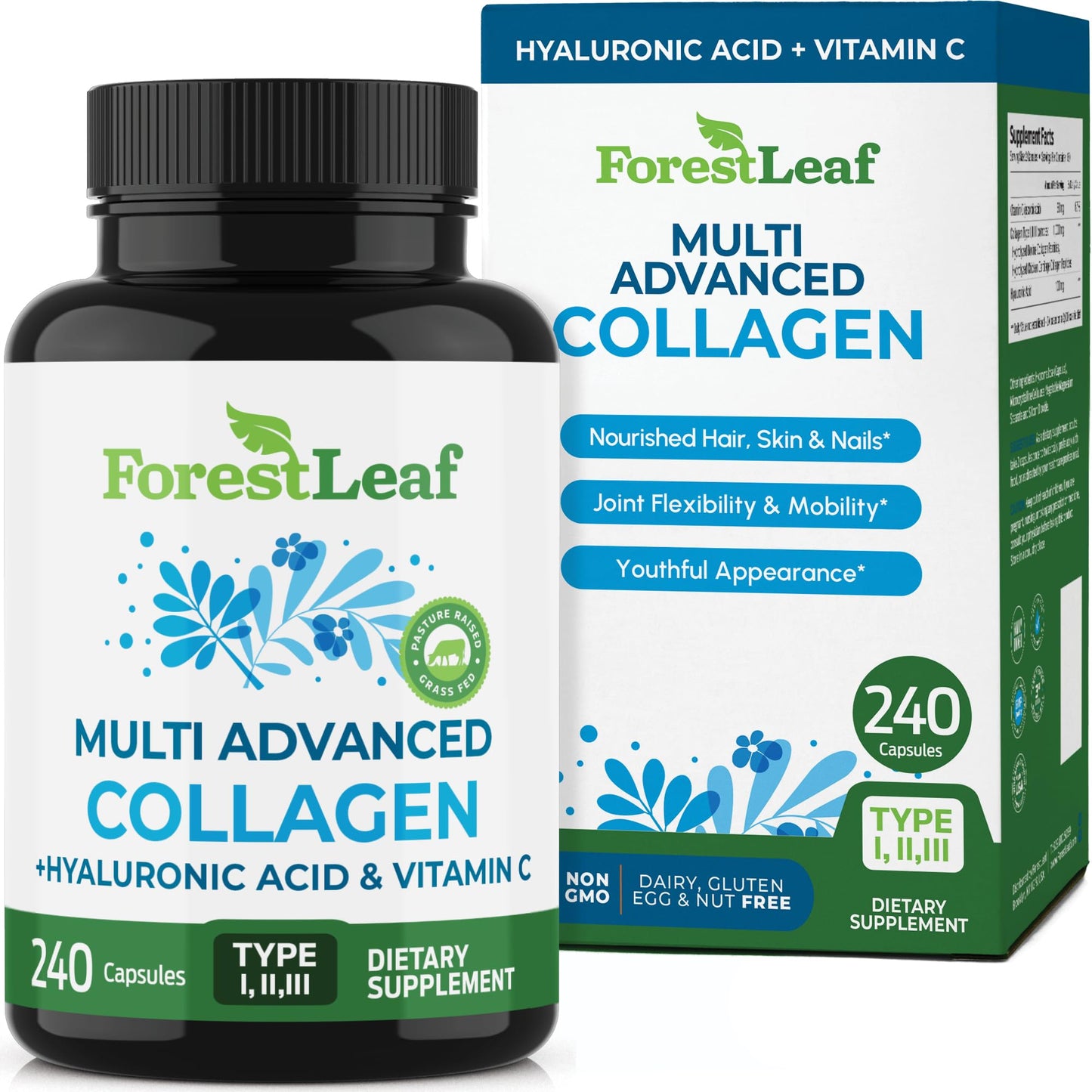 ForestLeaf Multi Collagen Pills — Hydrolyzed Collagen with Vitamin C & Hyaluronic Acid (240 Capsules)