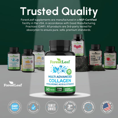 ForestLeaf Multi Collagen Pills — Hydrolyzed Collagen with Vitamin C & Hyaluronic Acid (240 Capsules)