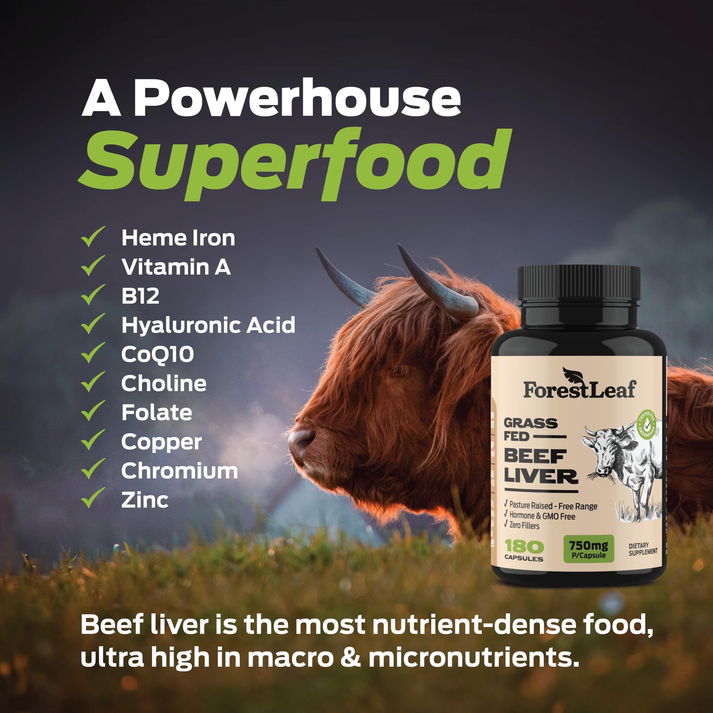 ForestLeaf Grass Fed Beef Liver Capsules - 3000mg per Serving, 180 Caps