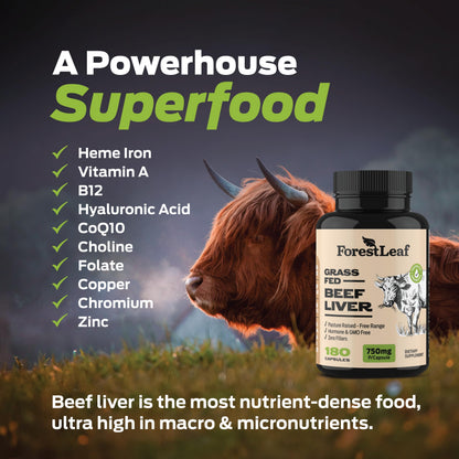 ForestLeaf Grass Fed Beef Liver Capsules - 3000mg per Serving, 180 Caps