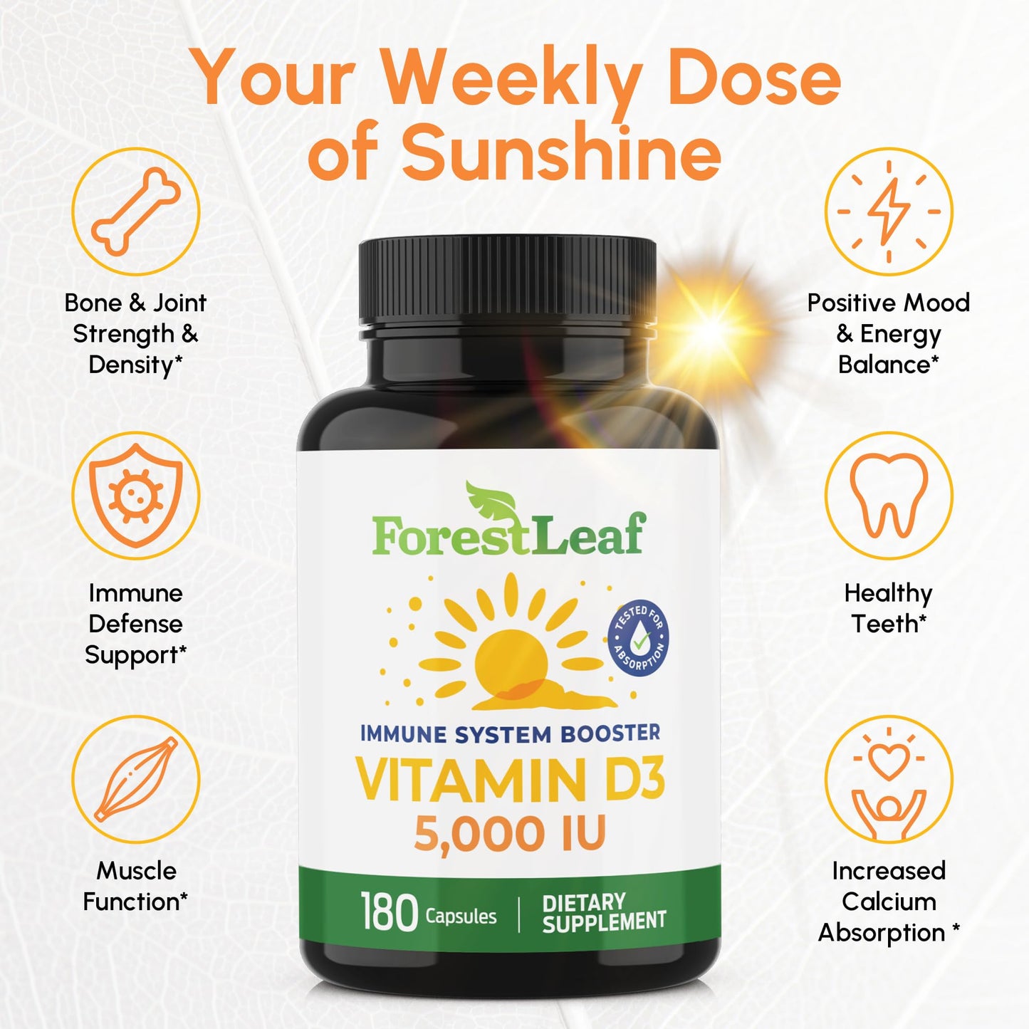ForestLeaf Vitamin D3 5000 IU - 180 Count | Immune, Bone & Teeth Support