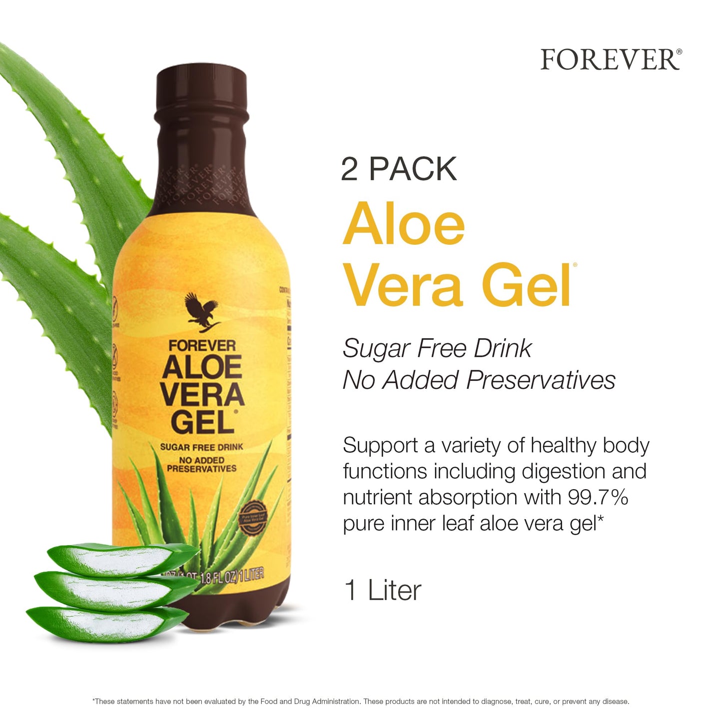 Forever Living Forever Aloe Vera Gel – 99.7% Pure Inner Leaf, Preservative-Free, 2 x 33.8 fl oz