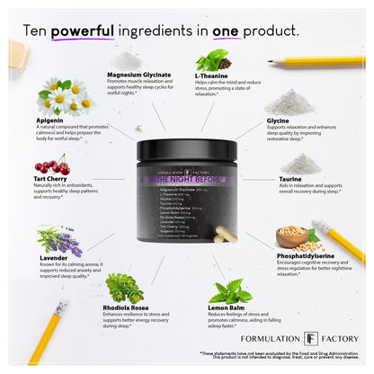 Formulation Factory The Night Before 10-in-1 Midnight Maximizer Sleep Supplement — Magnesium Glycinate, L-Theanine & More (360 Capsules, 6 Months)