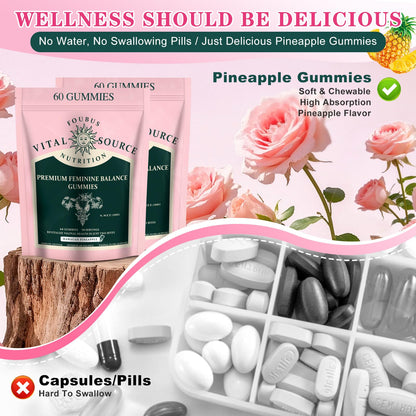 FOUBUS Vital Source Premium Feminine Balance Gummies | 120 Gummies (60 Servings) – Pineapple, Vegan, Gluten-Free