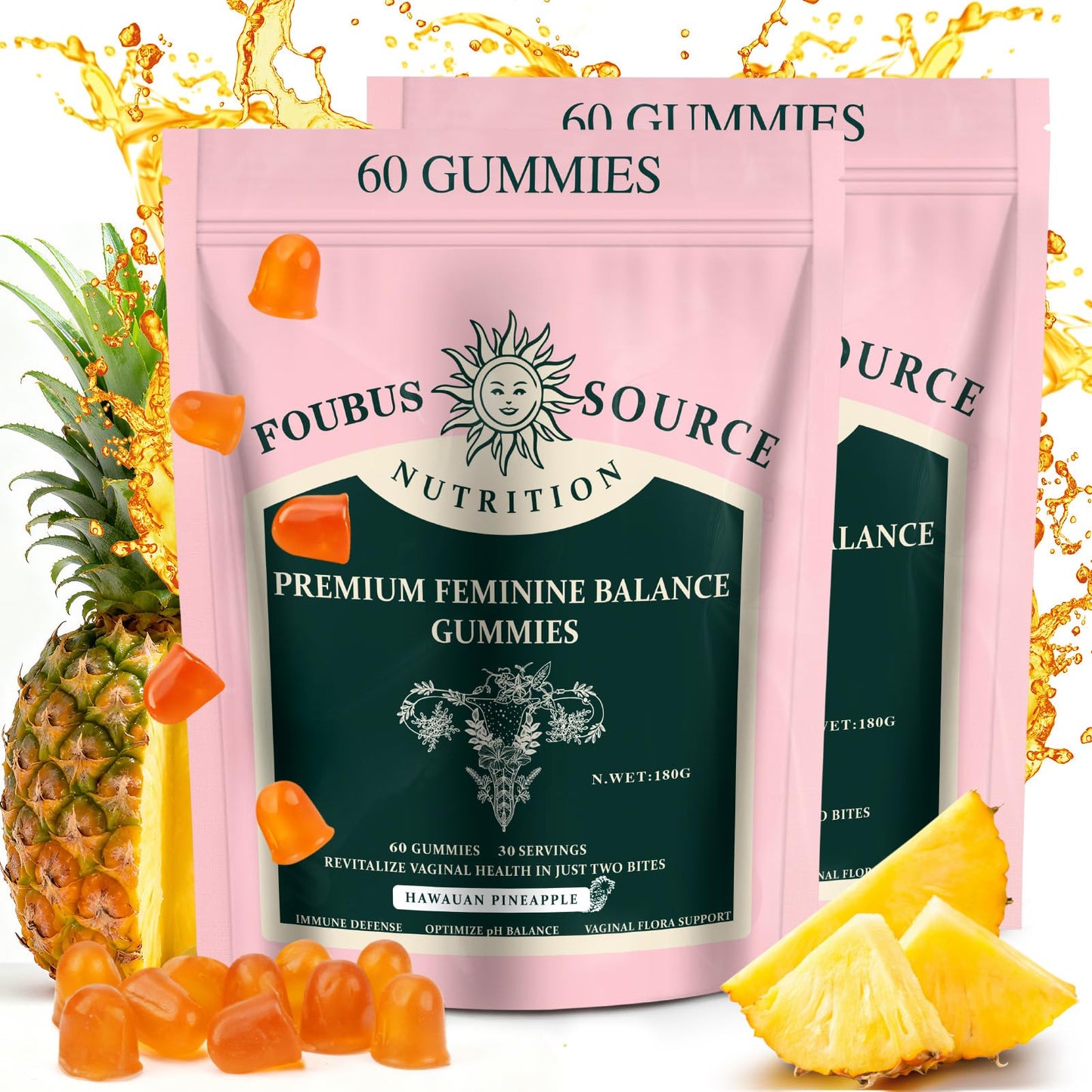 FOUBUS Vital Source Premium Feminine Balance Gummies | 120 Gummies (60 Servings) – Pineapple, Vegan, Gluten-Free