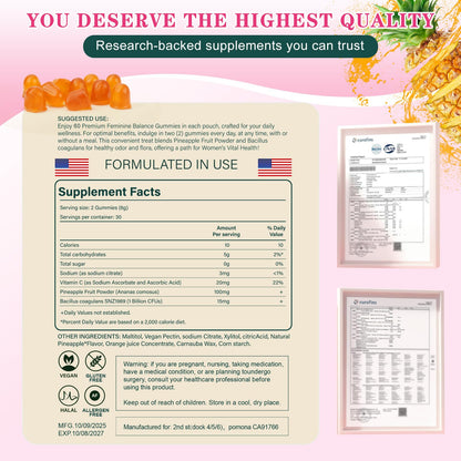 FOUBUS Vital Source Premium Feminine Balance Gummies | 120 Gummies (60 Servings) – Pineapple, Vegan, Gluten-Free