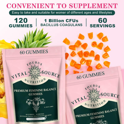 FOUBUS Vital Source Premium Feminine Balance Gummies | 120 Gummies (60 Servings) – Pineapple, Vegan, Gluten-Free