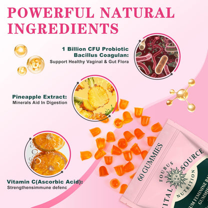 FOUBUS Vital Source Premium Feminine Balance Gummies | 120 Gummies (60 Servings) – Pineapple, Vegan, Gluten-Free
