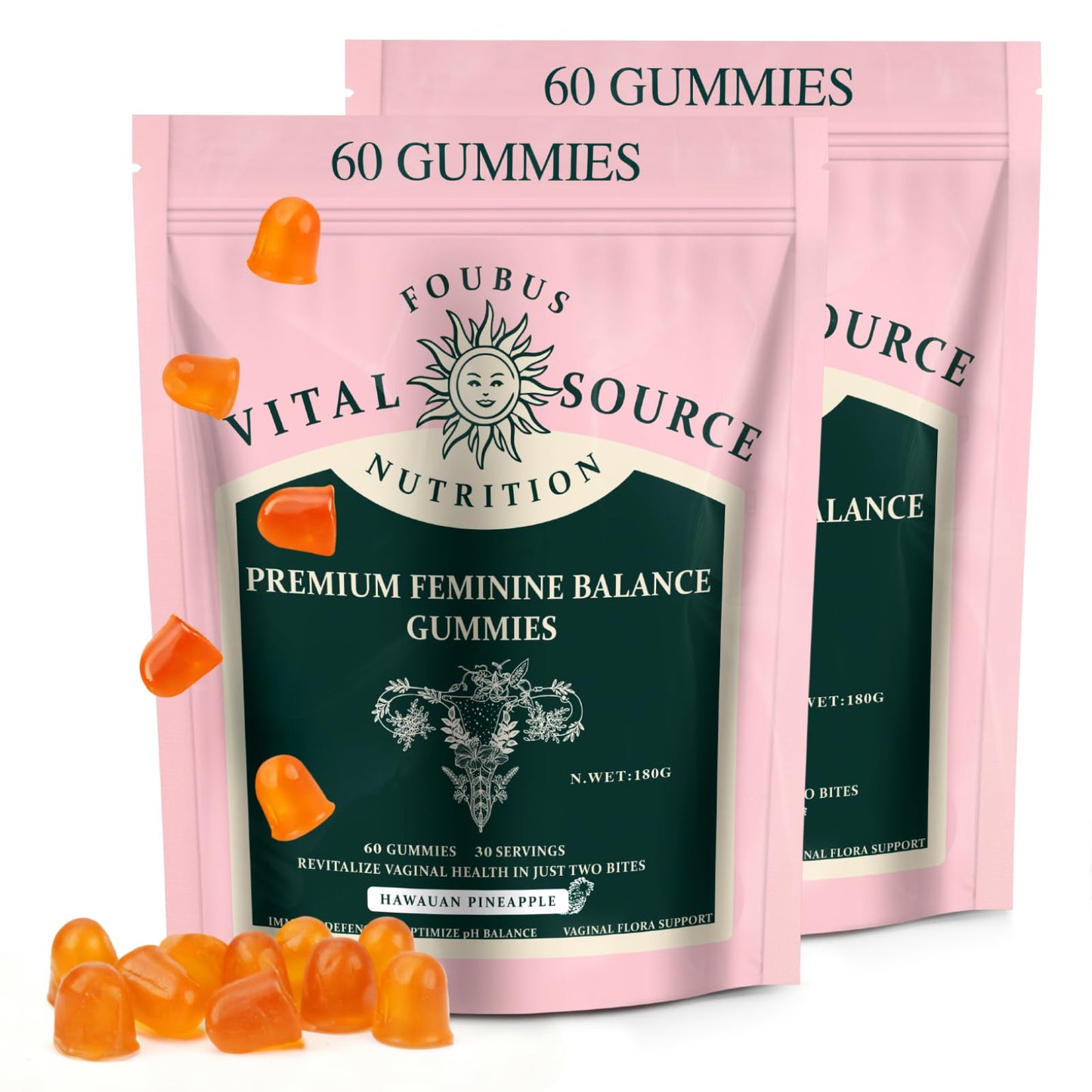 FOUBUS Vital Source Premium Feminine Balance Gummies | 120 Gummies (60 Servings) – Pineapple, Vegan, Gluten-Free
