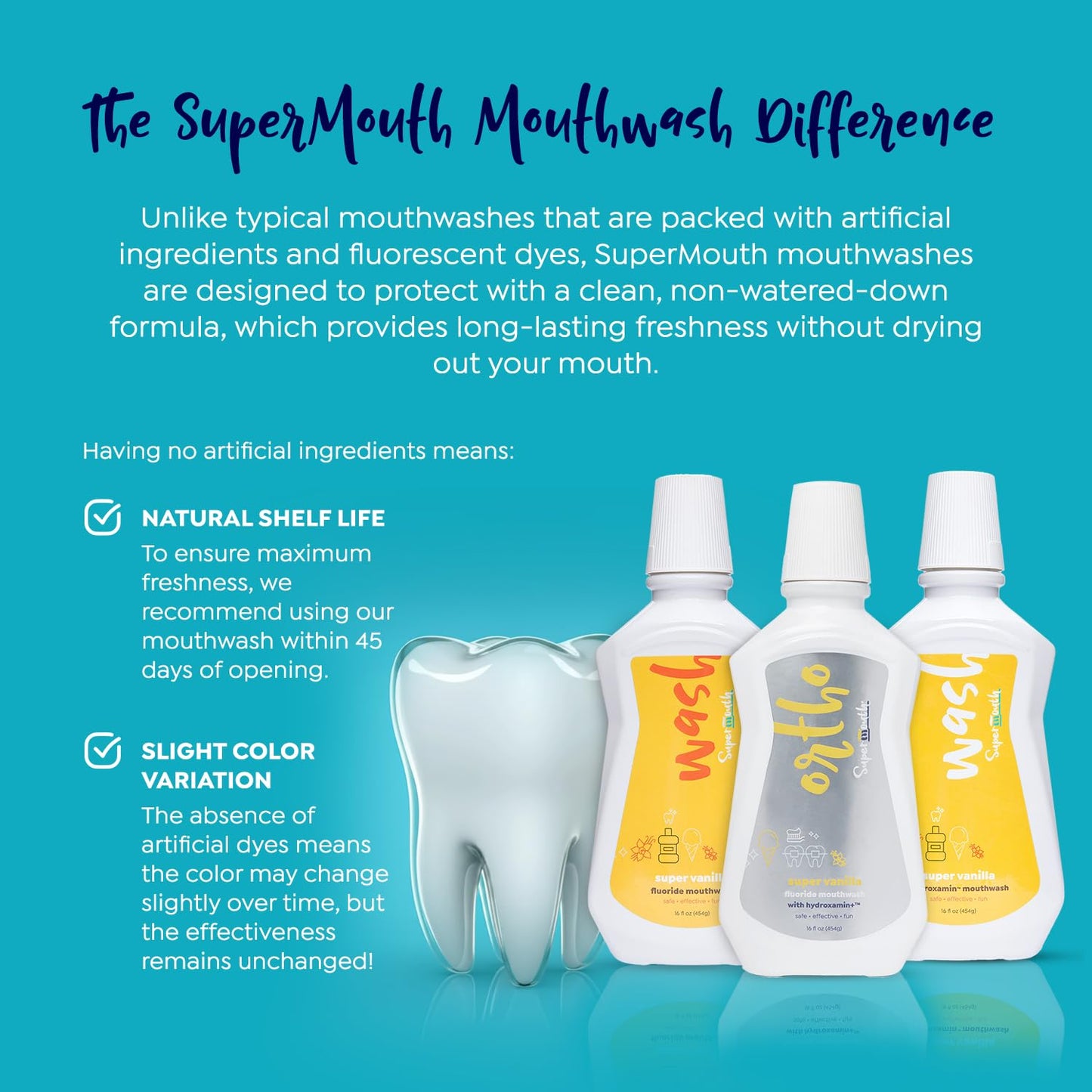 SuperMouth® Fluoride-Free Mouthwash – Nano-Hydroxyapatite, D3 & K2, Prebiotics, Alkaline pH 8.5, Alcohol-Free | 4 Flavors