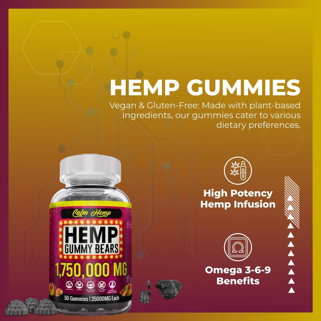 Organic Hemp Gummies Neuropathy Support - Vegan High Potency Hemp Oil, Omega 3-6-9, Vitamin B2 Made in USA