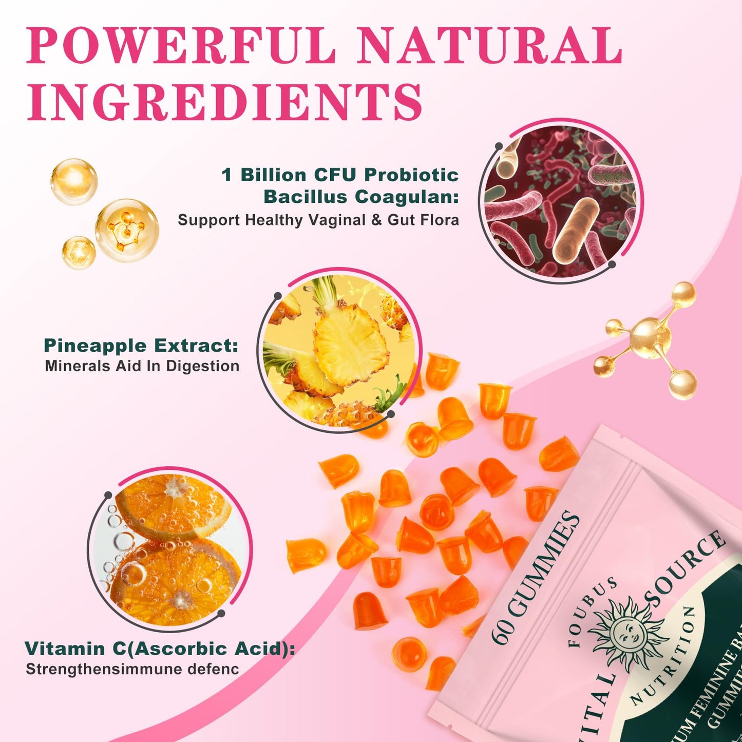 FOUBUS Vital Source Premium Feminine Balance Gummies | 120 Gummies (60 Servings) – Pineapple, Vegan, Gluten-Free