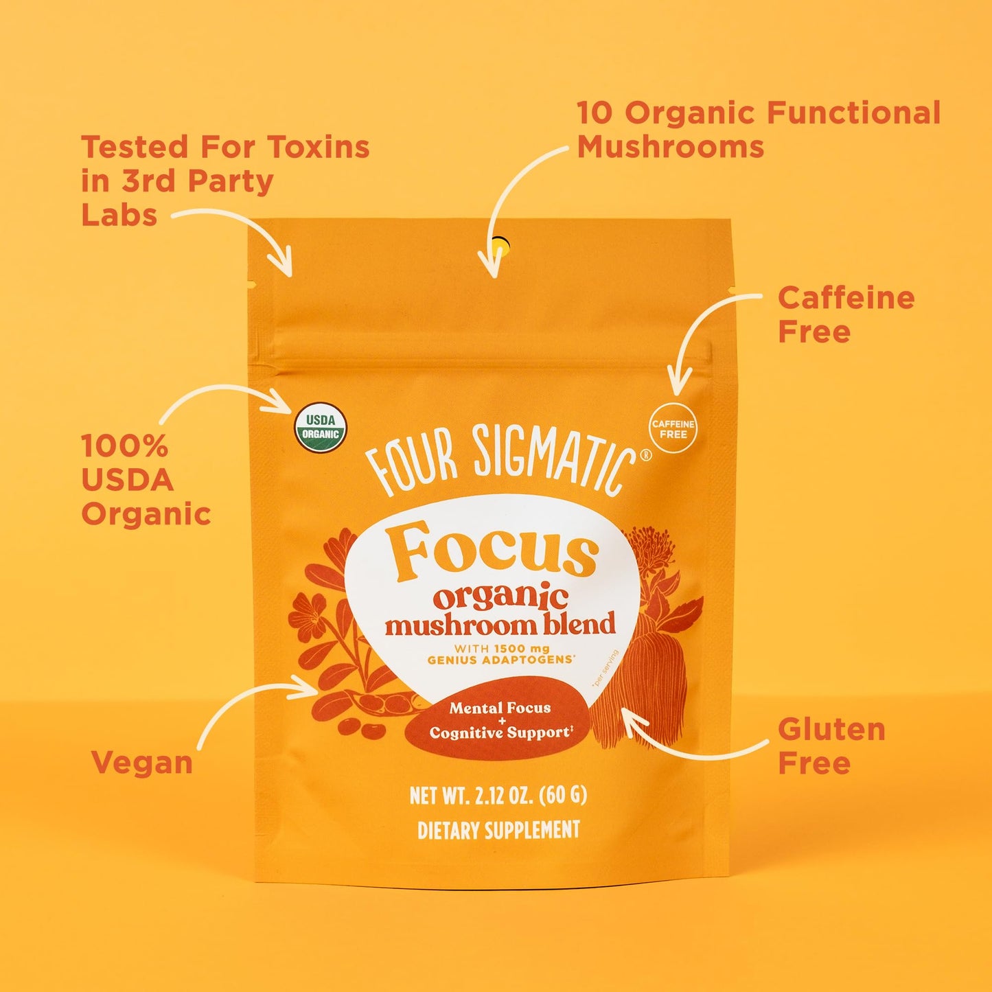 Four Sigmatic Focus Blend | Organic Lion's Mane Powder with Adaptogen and Mushroom Blend | Includes Cordyceps, Rhodiola, Bacopa & Mucuna | 30 Servings
