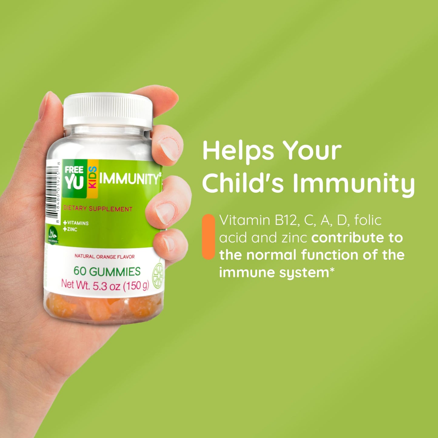 FREEYU Halal & Gluten Free Kids Immunity Gummy – Chewable Multivitamin with B12, C, D, E, A, Zinc | 60 Gummies