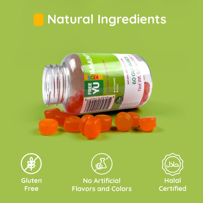 FREEYU Halal & Gluten Free Kids Immunity Gummy – Chewable Multivitamin with B12, C, D, E, A, Zinc | 60 Gummies