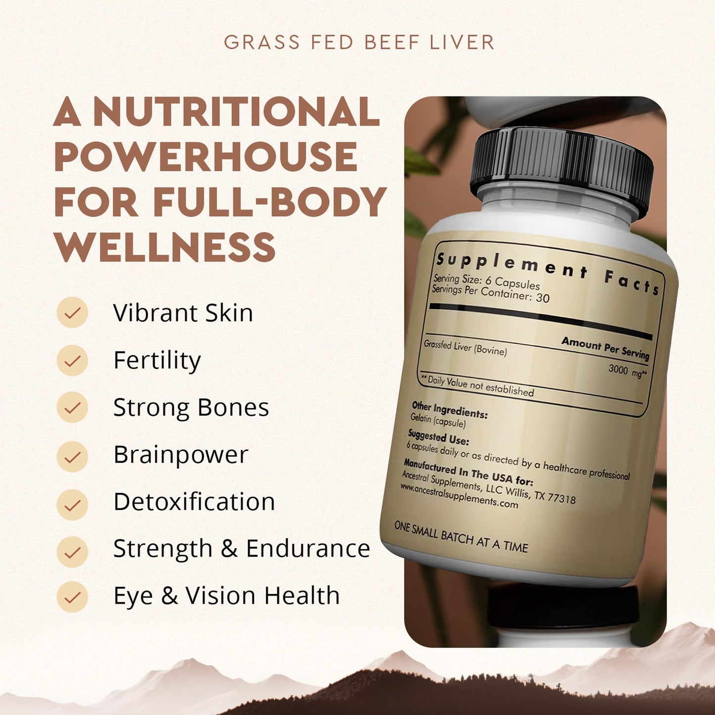 Ancestral Supplements Grass Fed Beef Liver 180 Capsules | Energy, Detox, Digestion, Immunity