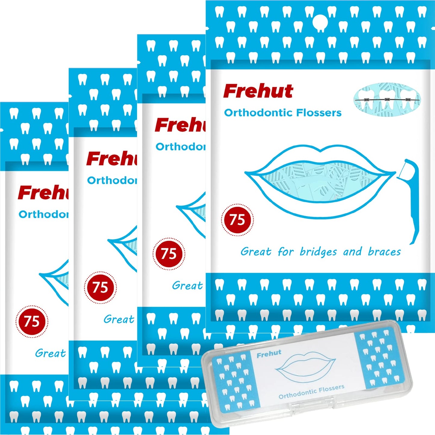 Frehut 300 Count Orthodontic Flossers for Braces – Ortho Dental Floss Picks, 4 Pack (75 Count Each) with Travel Case