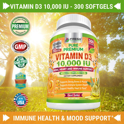 Fresh Healthcare Vitamin D3 10000 IU with Extra Virgin Olive Oil - Immune Support - 300 Softgels