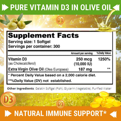 Fresh Healthcare Vitamin D3 10000 IU with Extra Virgin Olive Oil - Immune Support - 300 Softgels