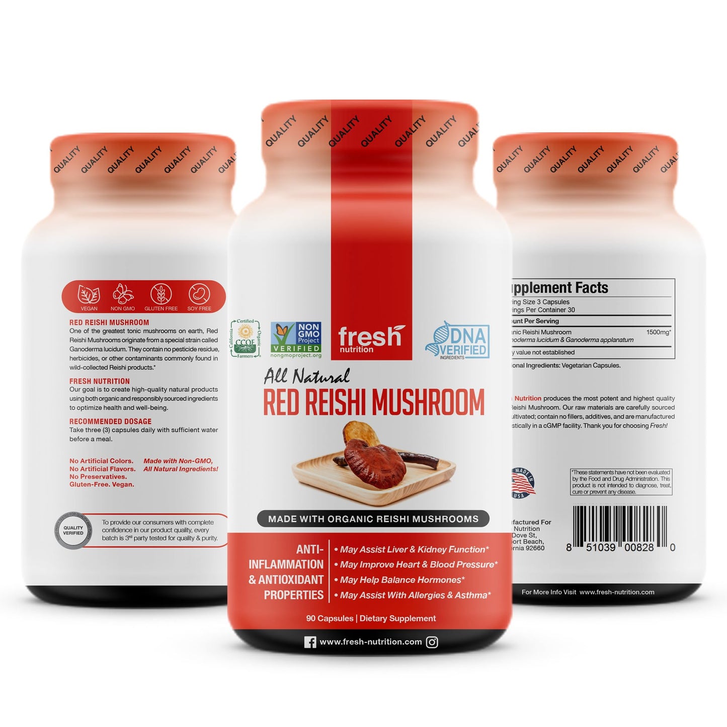 Fresh Nutrition Organic Reishi Mushroom Capsules – Alpha-Glucan Rich Ganoderma Lucidum, 1500mg Serving, Third-Party Tested – 90 Veggie Caps (Pack of 2)