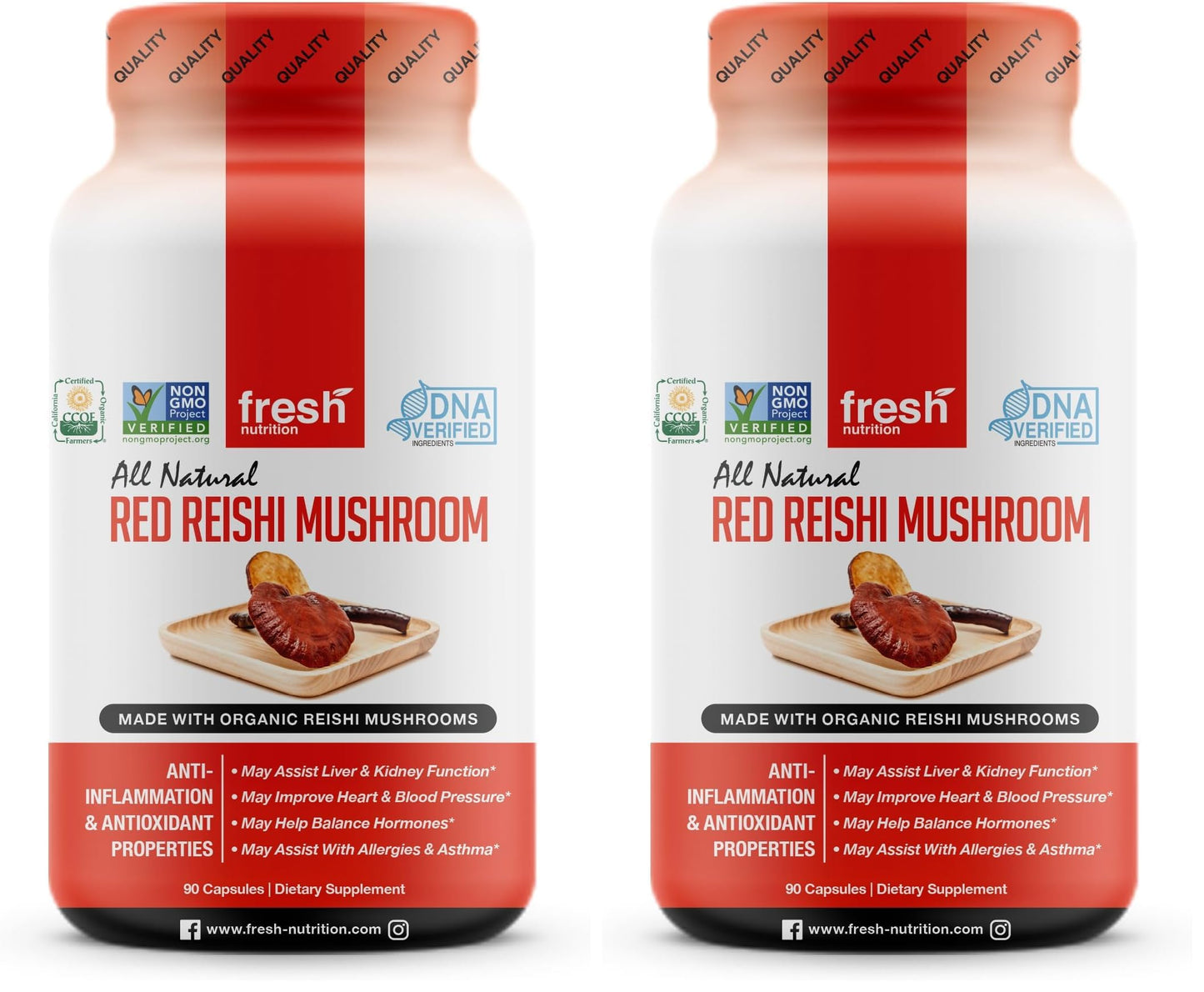 Fresh Nutrition Organic Reishi Mushroom Capsules – Alpha-Glucan Rich Ganoderma Lucidum, 1500mg Serving, Third-Party Tested – 90 Veggie Caps (Pack of 2)