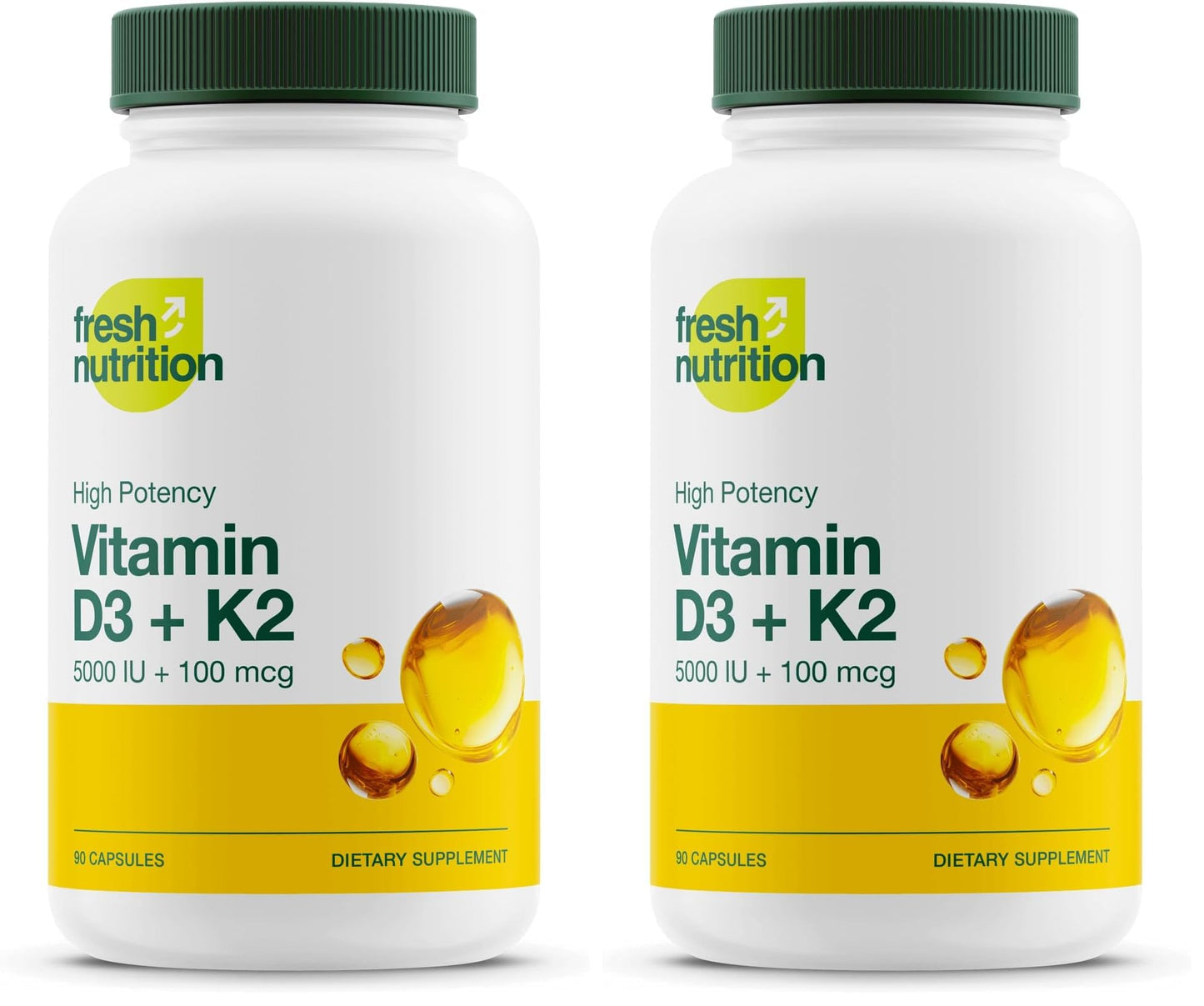 Fresh Nutrition Vegan Vitamin D3 + K2 Capsules – 5000 IU D3 + 100 mcg K2 MK-7 (Pack of 2)