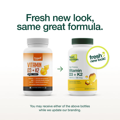 Fresh Nutrition Vegan Vitamin D3 + K2 Capsules – 5000 IU D3 + 100 mcg K2 MK-7 (Pack of 2)
