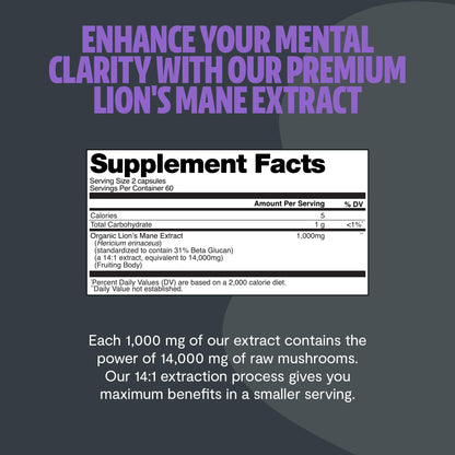 FreshCap Lions Mane Capsules 14,000mg – 14:1 Organic Lion's Mane Extract, Ayurveda Focus, Made in USA (120 Capsules)