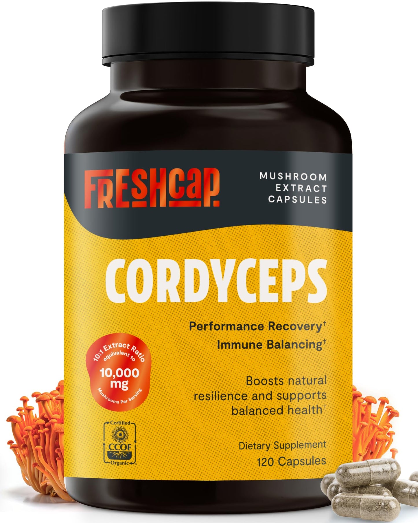 FreshCap Mushrooms Cordyceps Capsules 10,000mg | Energy Support & Nootropic