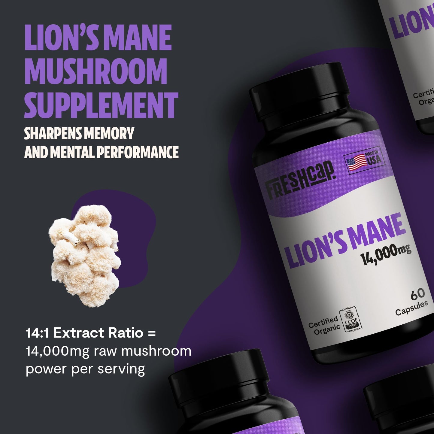 FreshCap Lions Mane Supplement Capsules 14,000mg — Brain Support, Memory & Focus (180 Capsules)