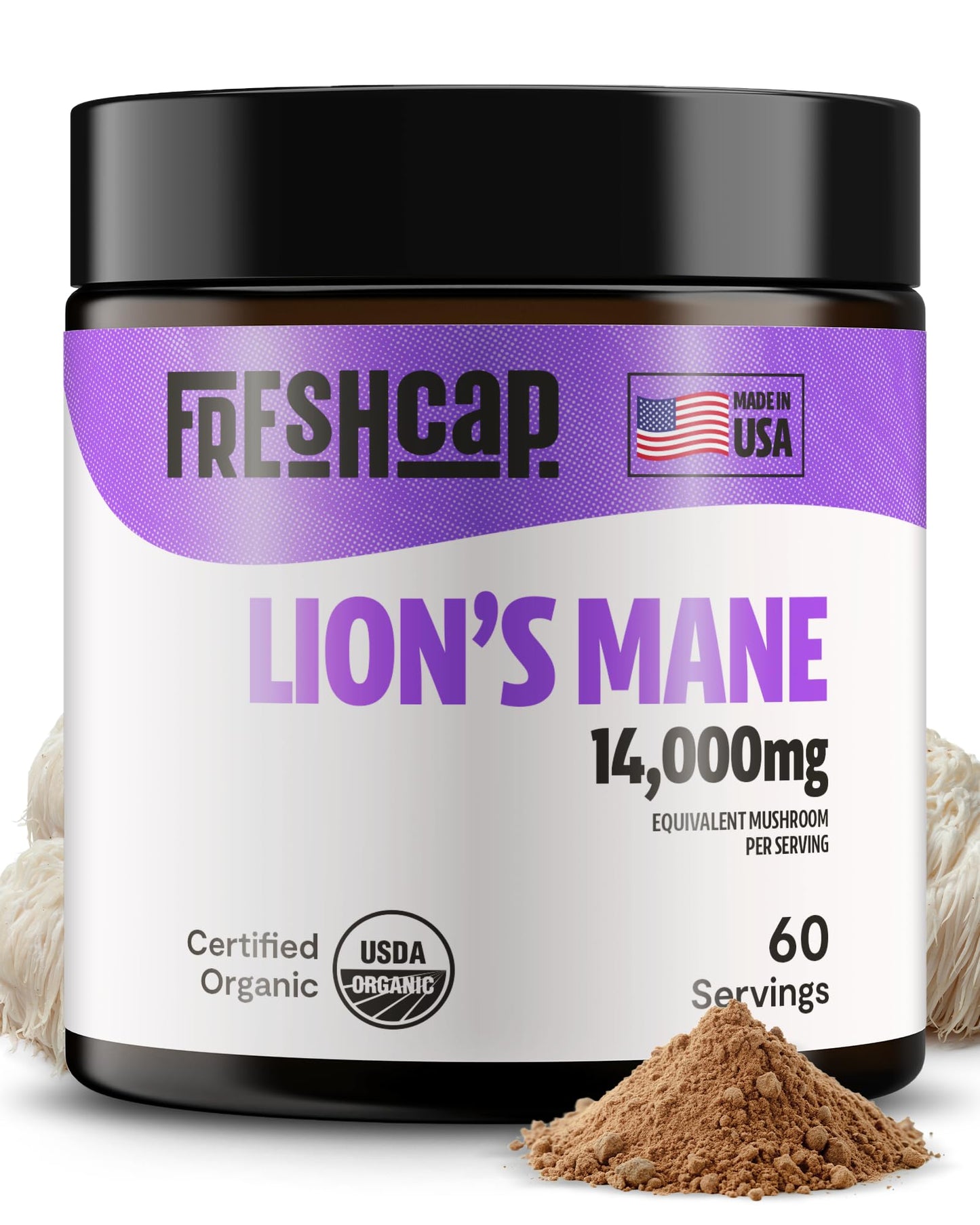FreshCap Mushrooms Lions Mane Supplement Powder – 14,000mg per Serving, Organic Lions Mane Extract for Focus & Memory (60 Servings)