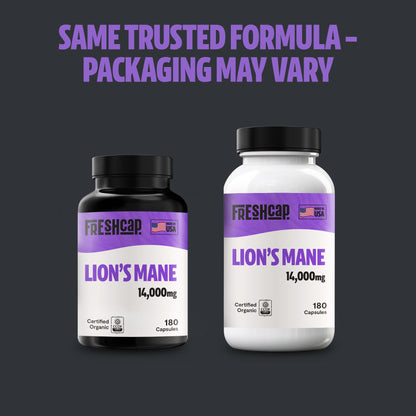 FreshCap Lions Mane Supplement Capsules 14,000mg — Brain Support, Memory & Focus (180 Capsules)