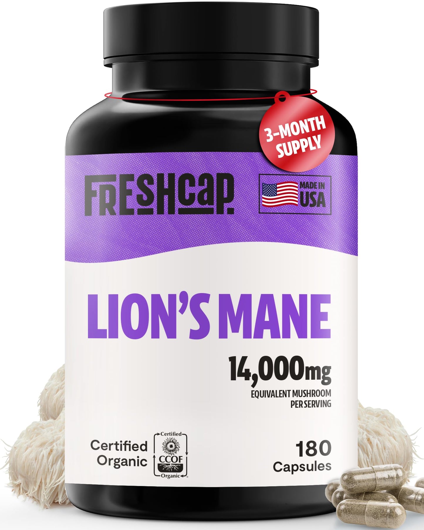 FreshCap Lions Mane Supplement Capsules 14,000mg — Brain Support, Memory & Focus (180 Capsules)